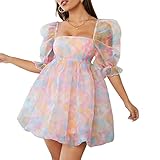 Faretumiya Fairy Mesh Tulle Dress for Women Puff Sleeve Mini Princess Square Neck Prom Short Party Dress（A Colorful，Small）