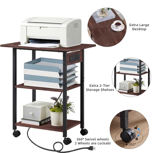 Lerliuo 3-Tier Printer Stand with Charging Station, Industrial Mobile Printer Table with Storage Shelf and Steel Frame, Rolling Printer Cart Holder with Lockable Wheels for Home, Office (Walnut) by Lerliuo - Image 5