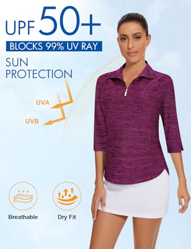 Image of Cucuchy Style Womens Golf Shirt 3 /4 Sleeve Quarter Zip Workout Tennis Tops Quick Dry UPF 50+ Shirts