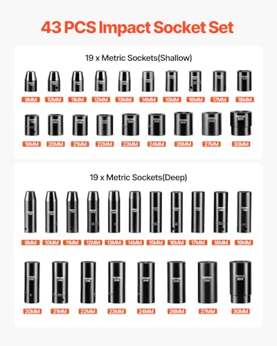 Image of VEVOR Impact Socket Set, 1 /2 Inches 43 Piece Impact Sockets, 1 /2 Inches Drive Socket Set, High-torque Standard Socket Assortmen with 4 Extension Bars, 6-Point Sockets Metric 9-30mm (Standard /Deep)