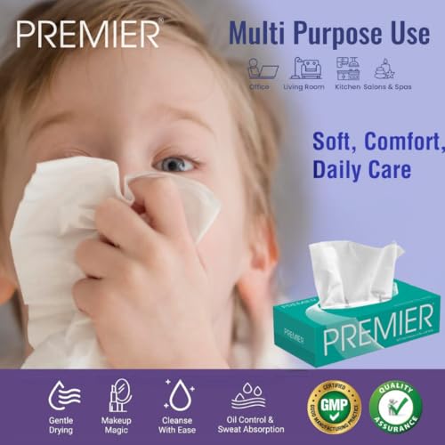 Image of Premier 2-Ply Box Face Tissue Papers - 100 Pulls per Box (Pack of 4, 400 Pulls, 800 Sheets) -Ultra Soft, Gentle & Highly Absorbent Facial Tissues for Home, Office, Car & Travel | Green