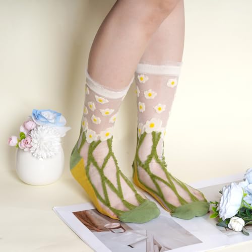 6 Pairs Womens Floral Sheer Socks, Summer Transparent Thin Mesh Ankle Lace Jacquard Socks3