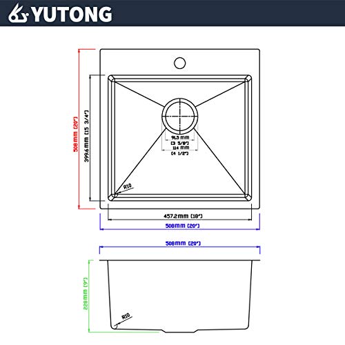 Yutong 20" x 20" Top-Mount/Drop in Stainless Steel Single Bowl Kitchen Sink (with Grid) by Yutong - Image 3