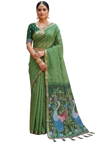 Image of SGF11 Women's Soft Cotton Linen Silk Saree With Unstitched Blouse Piece