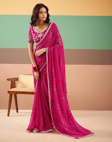 Image of SIRIL Women's Georgette Bandhani Printed, Embroidery Lace Saree With Unstitched Blouse Piece