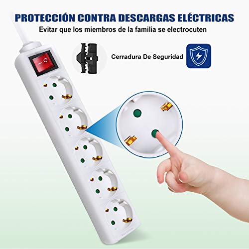 Regleta con 5 enchufes blanco y cable largo 5m para hogar y oficina 3