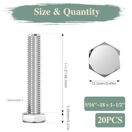 Image of 5 /16 inch-18 x 1-1 /2 inch Hex Head Screw Bolt, 20Pcs Stainless Steel 304 (18-8), Fully Threaded Bolts, Plain Finish