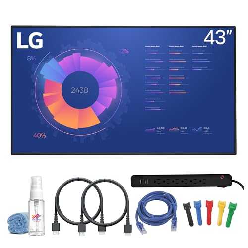 LG UM5N-E Series 43' UHD 4K Commercial Monitor | 3840×2160 Resolution, IPS Panel, Slim Bezel Design & Continuous Operation | Great for Signage & Business Displays + 2X HDMI Cable + Cable Ties + More
