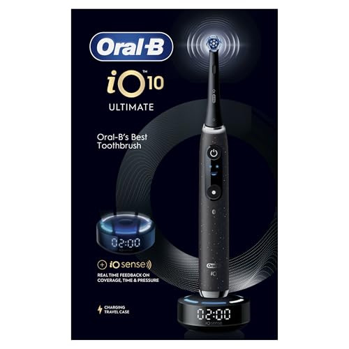 Oral-B iO 10 Cepillo de Dientes Eléctrico Negro Con Mango Recargable, 1 Cabezal y 1 Estuche Cargador de Viaje, 7 Modos De Cepillado, Sensor De Presión, Seguimiento Con App, Diseñado por Braun
