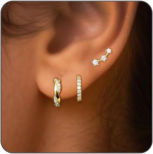 3 Pairs Earring Stacks for 4 Piercings 18K Gold Plated Dainty Earring Sets for Multiple Piercing Gold Huggies Earrings for Women Hypoallergenic Cartilage Stud Earrings Gold Hoop 3 Set Earrings for Women