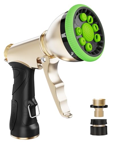 RAINPOINT Garden Hose Nozzle, Heavy Duty Metal Water Hose Sprayer Nozzle with 9 Adjustable Spray Patterns, High Pressure Hand Sprayer for Watering Plants, Lawns, Car and Pet Washing (1, Green)