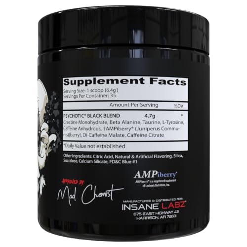Image of Insane Labz Psychotic Black Edition Mid Stimulant Pre Workout Powder, Energy Focus Pumps, Loaded with Creatine Beta Alanine Taurine Fueled by AMPiberry, 35 Servings (Blue Raspberry)