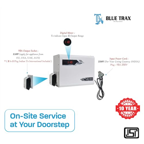 Image of BLUETRAX 1600VA Step Down Voltage Converter Transformer 220V to 110V for US Appliances in India | Compact Hanging Design | Copper Core | Safe Efficient Lightweight Converter for Home Office Kitchen