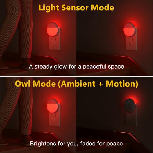 Image of YUNLEX 2 Pack Plug in Red Sleep Night Light with Motion Sensor and Dusk to Dawn Sensor, 3 Modes, Soft Glow, 0% Blue Light True Red, Dimmable, LED Lights for Bedroom, Sleep, Kids, Bathroom, Hallway