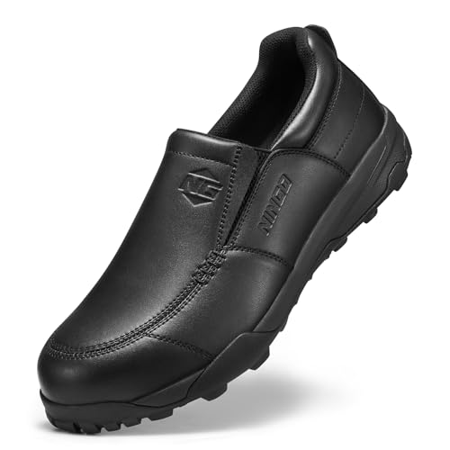 NINGO Slip On Steel Toe Shoes for Men, Lightweight Comfortable Work Safety Shoes for Men, Water & Slip Resistant Loafers with Puncture Proof, EH Protection for Warehouse, Factory & Outdoor Black