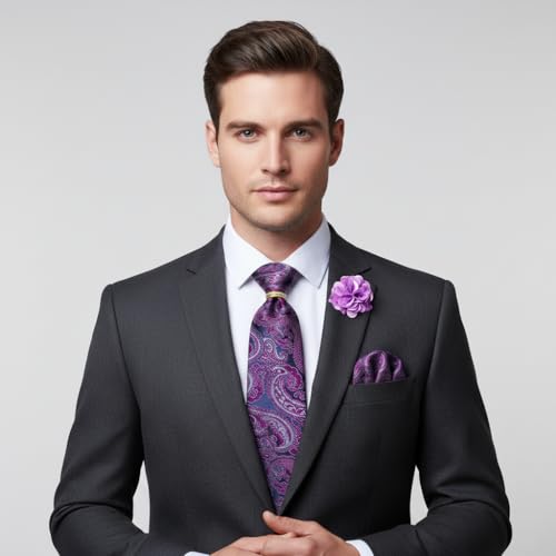 Image of 5PCS Mens Silk Designer Tie, Pocket Square, Cufflinks, Drilled Tie Ring and Lapel Pin Set for Wedding Groom Party