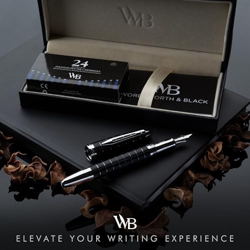 Image of Wordsworth & Black Majesti Fountain Pen Set for Writing, Fine Nib | Checked, Gift for Men Women, Chrome Finish, 18K German Iridium, Calligraphy, Converter + 24 Ink Cartridges, Refillable