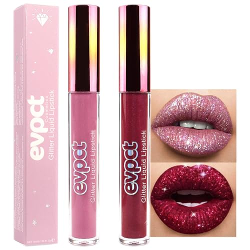 Image of evpct 2Pcs Mauve & Dark Red Matte to Glitter Liquid Lipstick Set Kit for Women Long Lasting Glossy Metallic Shimmer Sparkle Lipstick Lip Gloss 01+04