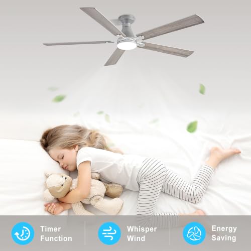 Image of Depuley Modern Ceiling Fan with Light: 60-Inch Nickel Flush Mount Fandelier | Bedroom Indoor Outdoor Use, 5 Reversible Wood Blades, 6 Fan Speeds, Timing Function, Dimmable 3CCT, Remote Control Included