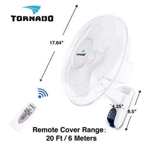 Tornado 2 Pack 16 Inch Oscillating Wall Mount Fan Remote Control Included 3 Speed 2650 Cfm 6 Ft Cord Ul Safety Listed #TOP1