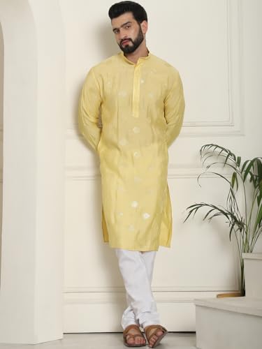 Image of SOJANYA (Since 1958 Men's Cotton Silk Sequinned Embroidered Kurta with White Pyjama