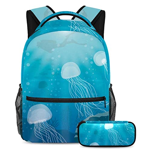 Sac à dos voyage bleu méduse avec trousse et filet pour gourde enfant