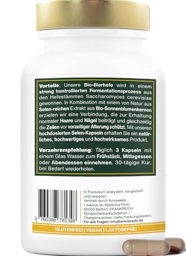 BIO-Bierhefe | Haare und Nägel | Lebendhefe, 1200mg / Tag, Glutenfrei | Angereichert mit Selen | 90 vegane Kapseln | Spitzenqualität