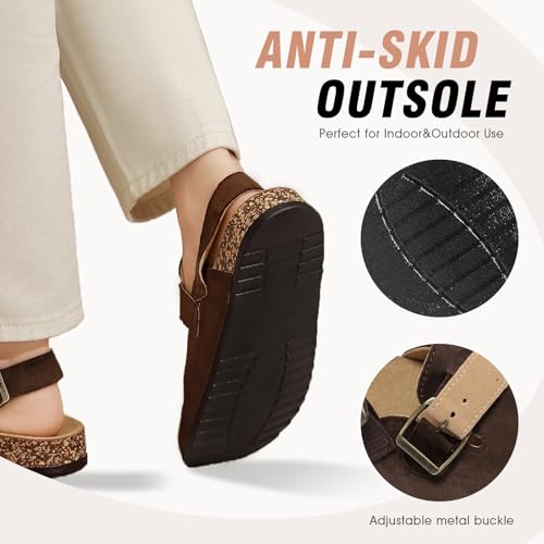 Image of Women's Suede Clogs with Back Strap Men's Cork Footbed Leather Mules Clogs for Women Comfort Memory Foam Slingback Clog Sandals with Adjustable Buckle Slip on Potato Shoes