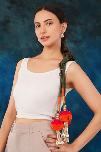 Image of Zippy Flora Gulabo Parandi (Orange) with pompoms| Handmade Boho Parandi | Traditional Hair Accessory with Tassels & Shells | Hair Extension | Choti | Versatile for All Hair Types