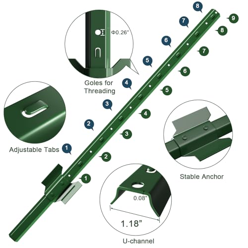AMAGABELI GARDEN & HOME Fence Posts 5Feet 10Pack Sturdy Heavy Duty Metal Fence Post with U-Channel Steel Fence U-Post Coated Green Poles Support for Chicken Wire Fence Garden Patch Posts
