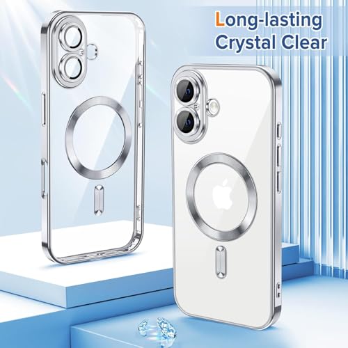 Image of VONZEE Electroplating Transparent Clear Logo Back Cover TPU Case Compatible with iPhone 16, Compatible with Magsafe, Full Body & Individual Camera Protection for Each Lens for Men & Women (Grey)