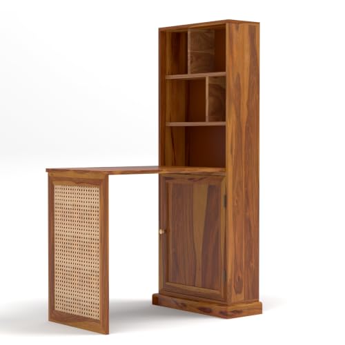Image of Sheesham Wood Foldable Study Table with Bookshelf & Storage Cabinet | Cane Panel Writing Desk (Honey Finish)