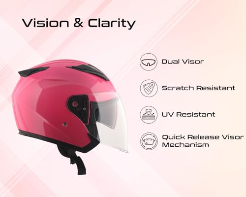 Image of Vega VO 03 Swift Dual Visor Open Face Motorcycle Helmet with Lightweight Shock-Absorbing Shell, Comfortable Interior, Ventilated Fit, Trendy Pink Styling Pink L