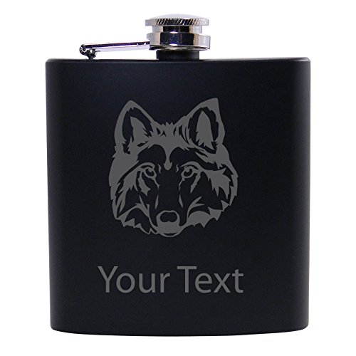 Personalized Custom Wolf/Husky Head Black Stainless Steel Hip Customizable Flask