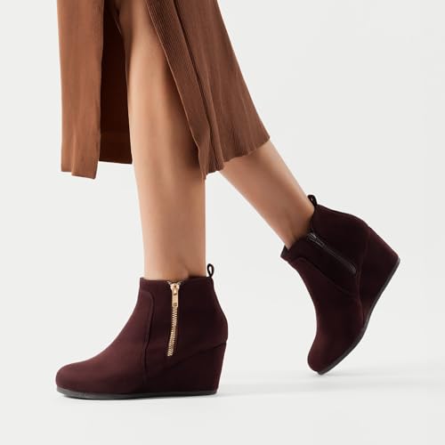 DREAM PAIRS DREAM PAIRS Women's Suede Low Wedges Ankle Boots,Size 7,Burgundy/Suede,DOUBLE