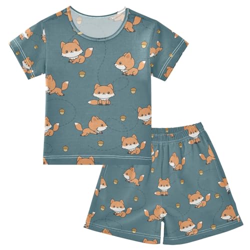 Mnsruu Summer Pyjamas Set for Girls Boys Playful Baby Foxes Short Sleeve and Pants PJS Children Loungewear,10Y