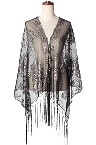 Image of BABEYOND 1920s Sequined Shawl Wraps for Women Fringed Evening Cape Wedding Bridal Shawl Scarf for Evening Dresses Party