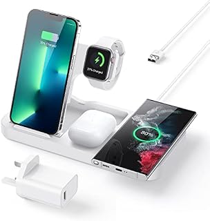 AGPTEK 4 in 1 Wireless Charging Station, 15W Foldable Wireless Charger Compatible with iPhone 13/13 Pro Max/12/12 Pro Max/11/X/XS Max/8, Apple Watch 4/5/6/7/SE, AirPods 2/3/Pro, with 30W PD Adapter