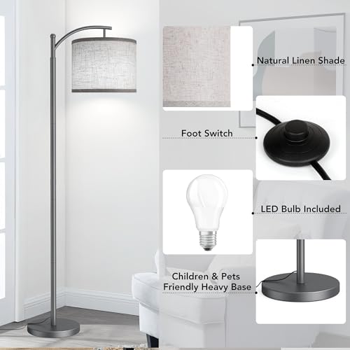 Image of Floor Lamp for Living Room with 3 Color Temperatures LED Bulb, Standing Lamp Tall Industrial Floor Lamp Reading for Bedroom, Office (9W LED Bulb, Beige Lampshade Included) -Grey