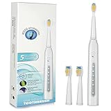 Electric Toothbrush Rechargeable Sonic Toothbrush 4 Hours Charge Minimum 30 Days Use with 3 Replacement Heads 5 Optional Modes Achieve Whiter Healthier Teeth Water Proof white by Deripus