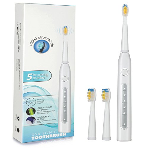 Electric Toothbrush Rechargeable Sonic Toothbrush 4 Hours Charge Minimum 30 Days Use with 3 Replacement Heads 5 Optional Modes Achieve Whiter Healthier Teeth Water Proof white by Deripus
