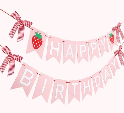 JarThenaAMCS 2Pcs Happy Birthday Banner, Strawberry Bow, Pink White