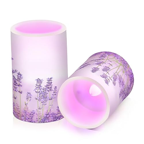 Image of YETTASBIN Purple Lavender Flameless Candles with Remote Control and Timer, Adjustable Brightness Long Lasting Battery Operated LED Pillar Candles for Indoor Outdoor Party Holiday Home Decor, 2 Pack