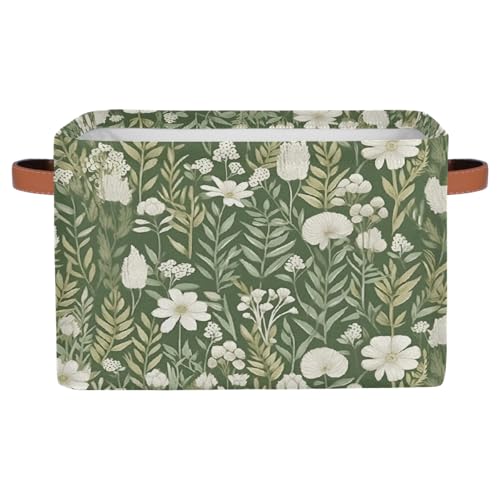 Myfsucce Cesta de almacenamiento rectangular de tela con flores blancas y hojas verdes para estantes, organizador de ropa, para dormitorio, baño, 1 unidad