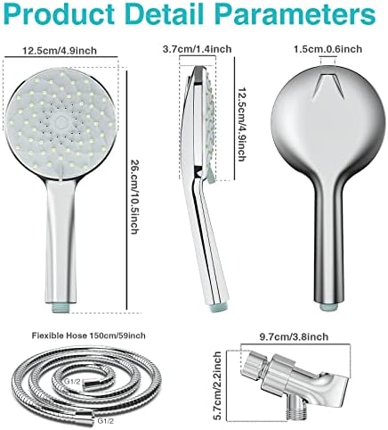 High Pressure Shower Head, Hmtruly Handheld Shower Head with 6 Spray Setting, Detachable Showerhead Set with Stainless Steel Hose, Adjustable Bracket and Built-in Power Wash to Clean Tub, Tile & Pets