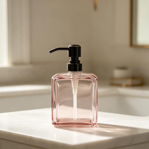 Image of Soap Dispenser Pink Rectangular, Oil Rubbed Bronze Pump, 13.5 oz | Glass Bottle, Rust Proof Stainless Steel Pump, Refillable, Hand Soap, Liquild Soap, Dish Soap, Bathroom, Kitchen