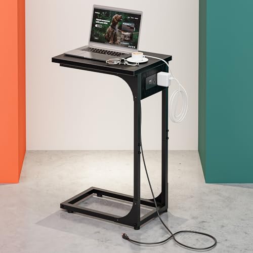 Image of C-Shaped Side Table for Couch - Small Coffee Stand Sofa Tray Desk with Metal Frame Waterproof Scratch Resistant Wood Top and Built-in Charging Station, Black