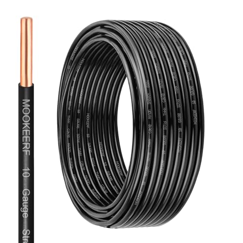 MOOKEERF THHN Wire 10 Gauge 25FT - OFC Solid Copper 10 AWG Electrical Building Wire 600V with Nylon Jacket and PVC Insulation for Residential Ground Industrial CNC Panel Wiring - Black
