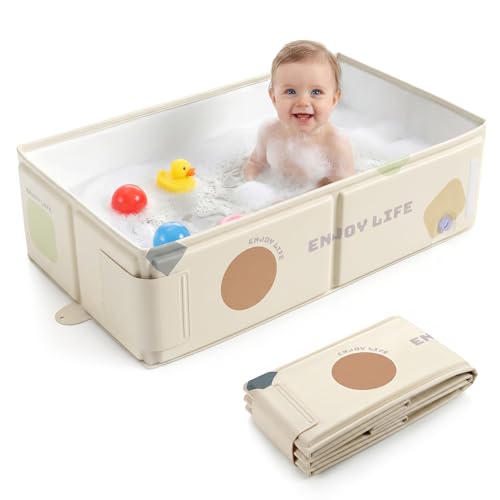 Orzbow Bañera Bebe Plegable, Portátil Bañera Bebe Plegable con Pegatina de Temperatura, Banheira Bebe de 6 Meses a 6 Años, Fácil de Limpiar, Estable y Duradera, Pliega Almacenar, Blanco