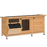 PawHut Conigliera in Legno da Esterno con Tetto in Asfalto, Gabbia per Conigli con Casetta e Porte con Chiavistello, Vassoi Estraibili e Mangiatoia, 112x50x54 cm, Giallo